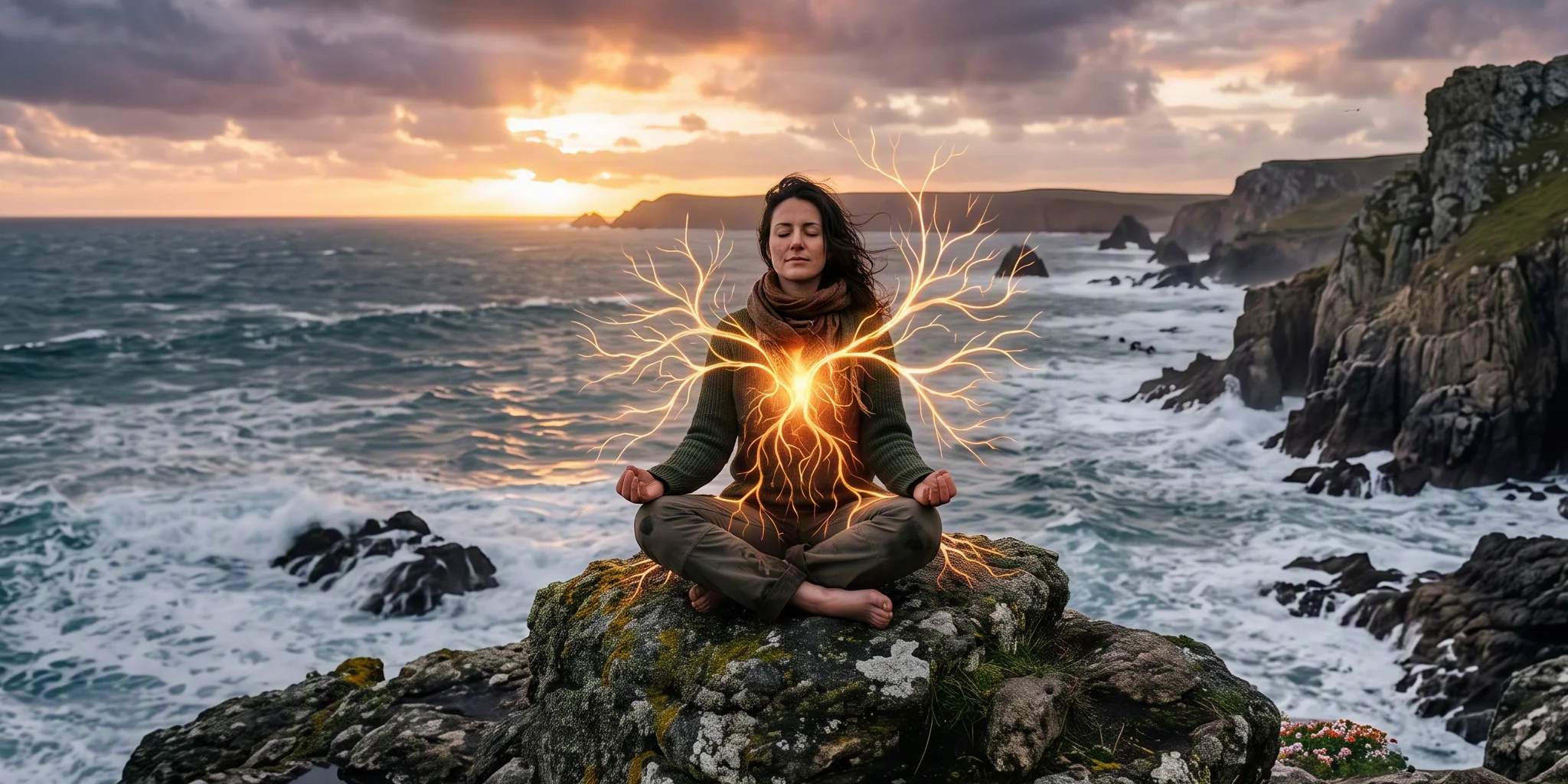 Frau meditiert auf einem Felsen am Meer – Symbol für innere Stärke und Resilienz